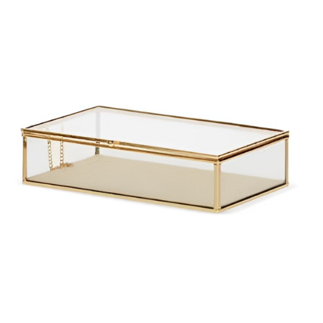 Caixa em Vidro com Metal Dourado e Linho 25cm G