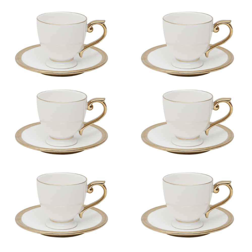 Jogo De Xícaras Para Café DouradaCom Pires Porcelana Alça Ouro Paddy 90ml - 6 Peças