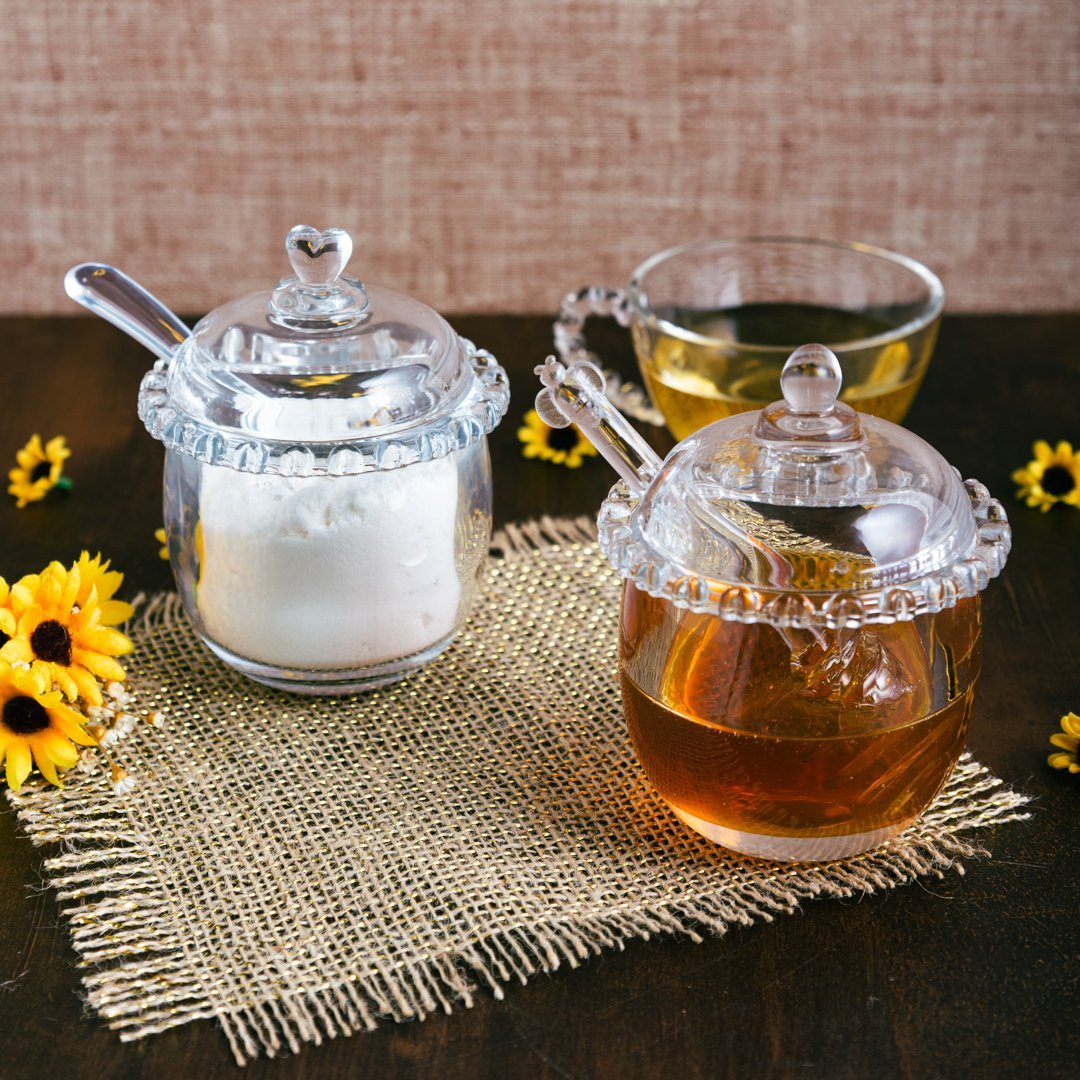 Açucareiro de Cristal Chumbo com Colher e Detalhes em Formato de Coração