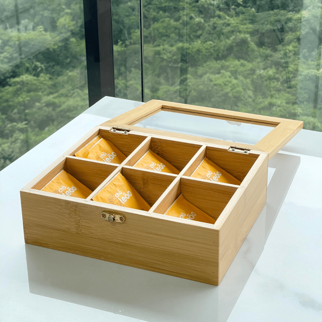 Caixa Porta Chá de Bambu com 6 Divisórias 22cm