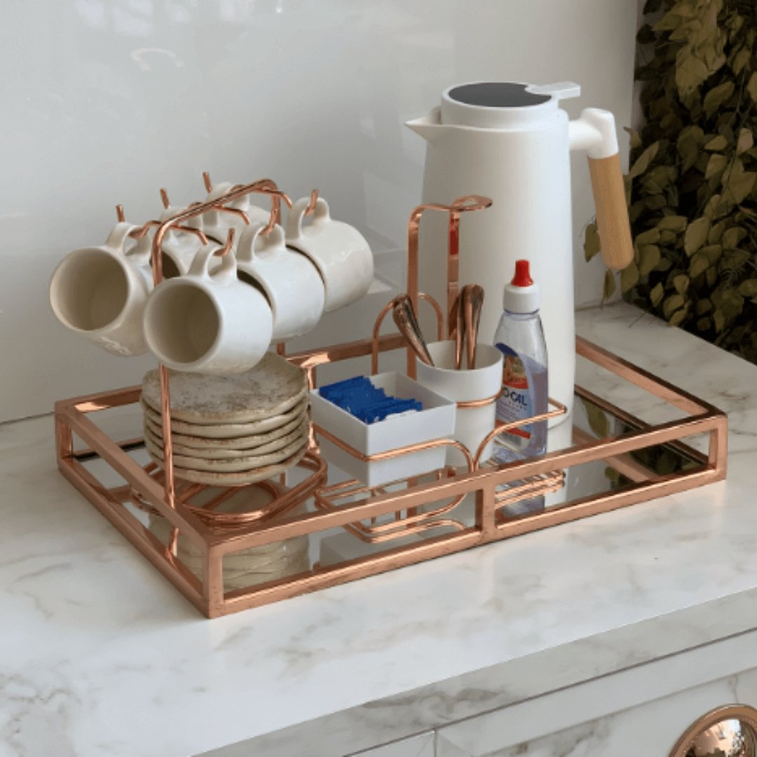 Conjunto para Chá Café Branco Rose Gold Porta Sachês Adoçante