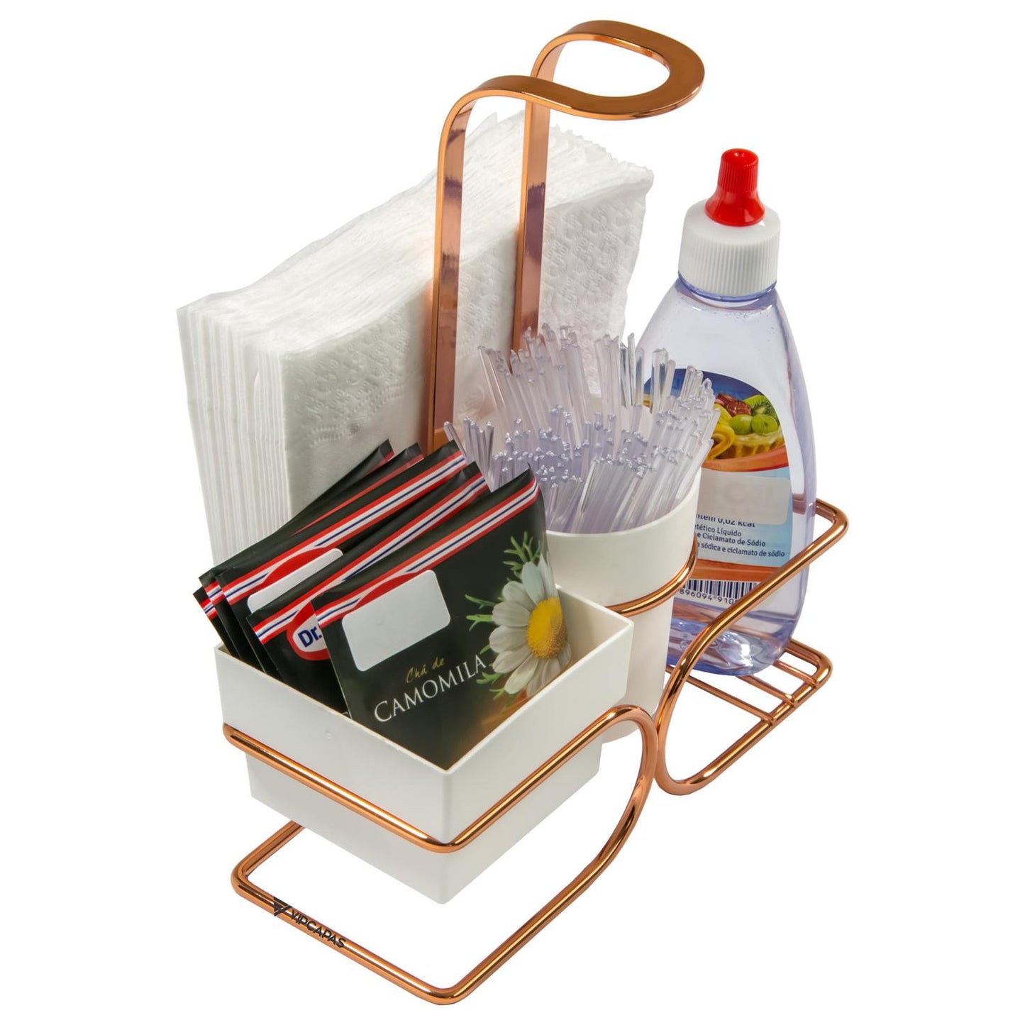 Conjunto para Chá Café Branco Rose Gold Porta Sachês Adoçante