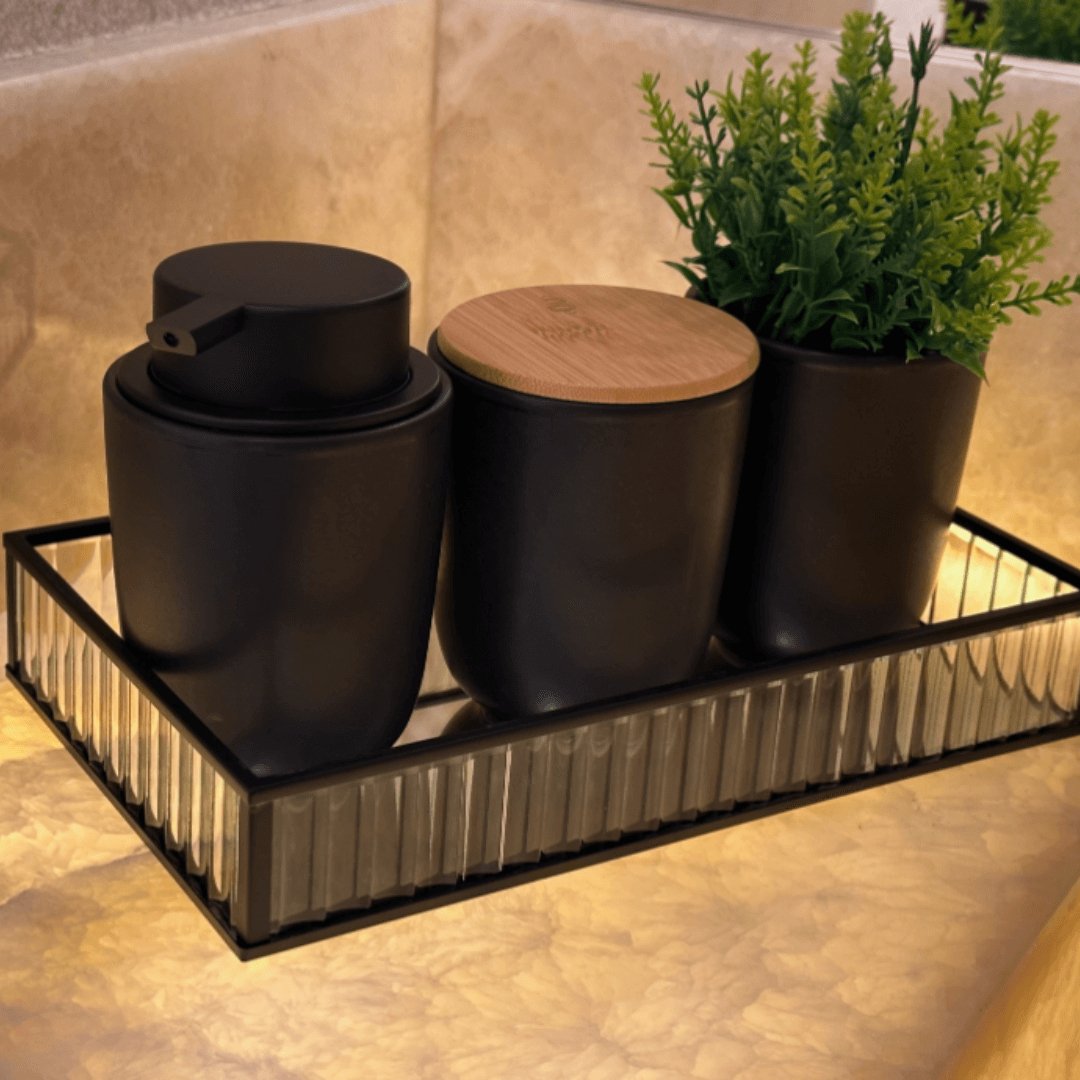 Dispenser Porta Sabonete Liquido Cerâmica Osaka Preto Marmorizado 250ml