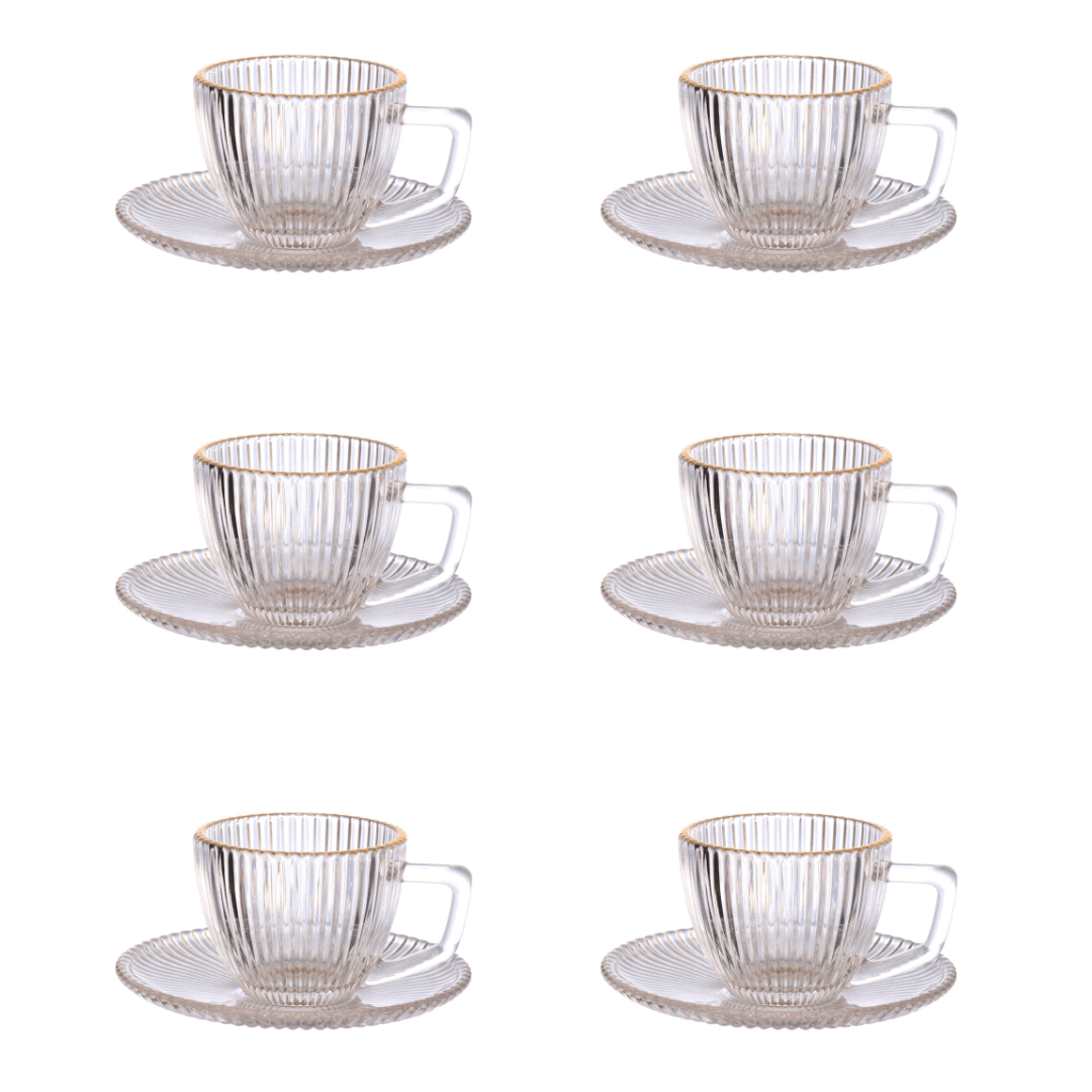 Jogo 6 Xicaras de Café com Pires Graffiato Fio de Ouro de Vidro 90ml