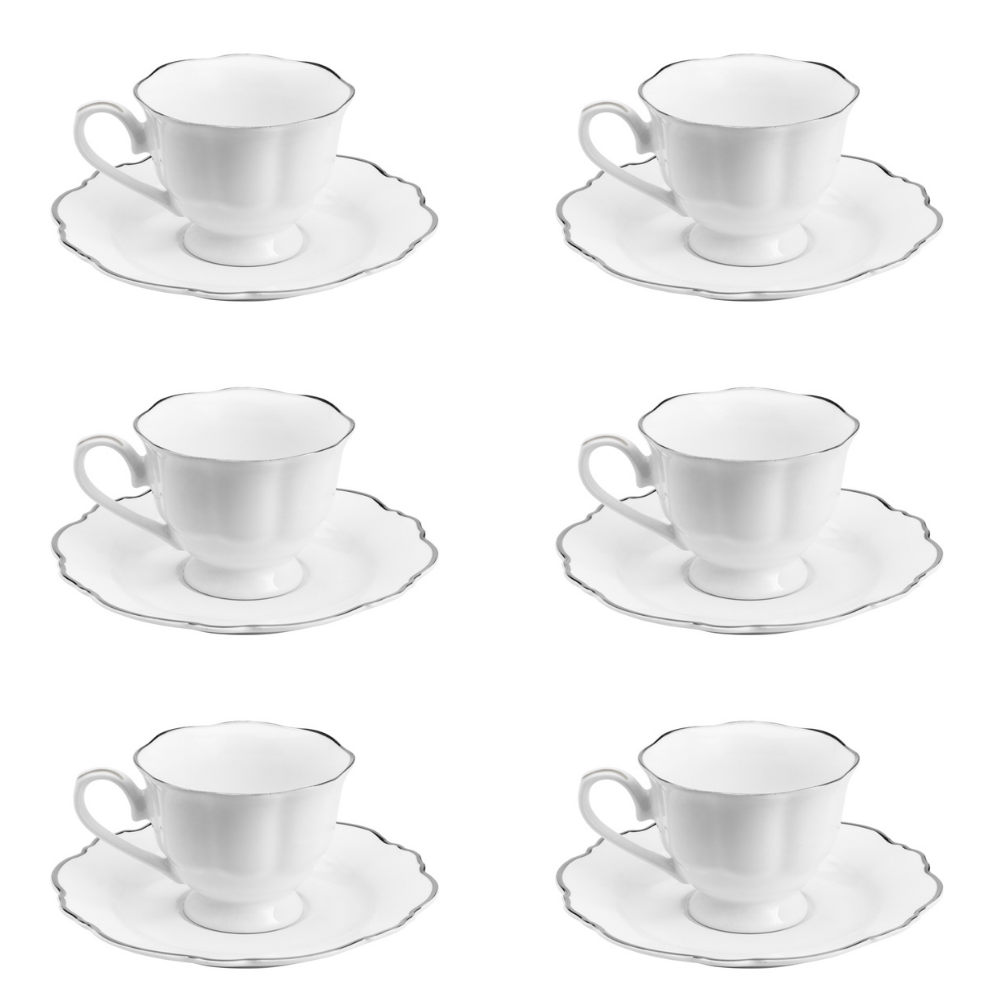 Jogo 6 Xícaras de Café Com Pires Porcelana Branco Com Fio Prateado - 80ml