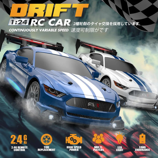 Alta Velocidade RC Drift Vehicle Racing Cars para Meninos, Mustang Pneu Substituível, Carro de Controle Remoto, Competição Race Car Toy, 4WD, 1:24, 2.4G