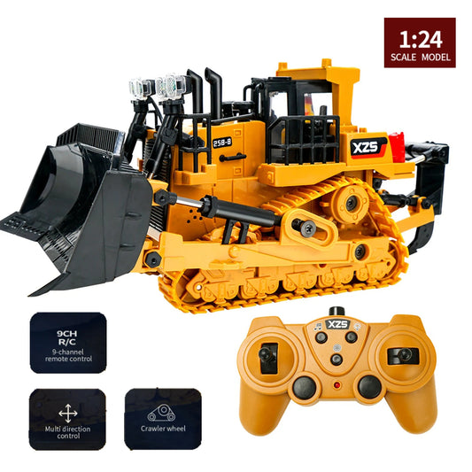 Caminhão bulldozer RC para crianças, 1:24, 9CH, tipo rastreador, pá de liga, engenheiro, empilhadeira, escavadeira pesada, brinquedos infantis, presentes para crianças