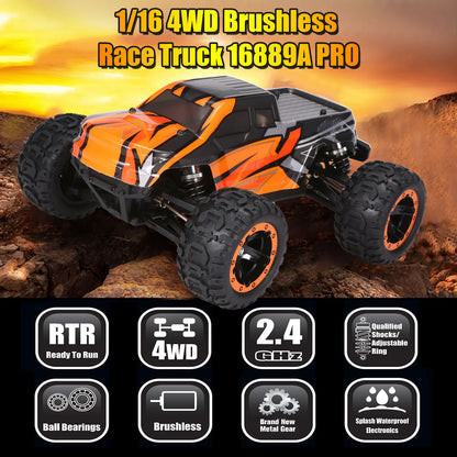 Caminhão controle remoto, off-road impermeável com luz LED, Veículo a motor sem escova, 16889A-Pro, 1:16 RC Car, 4WD, 45Km, h, alta velocidade, 2840