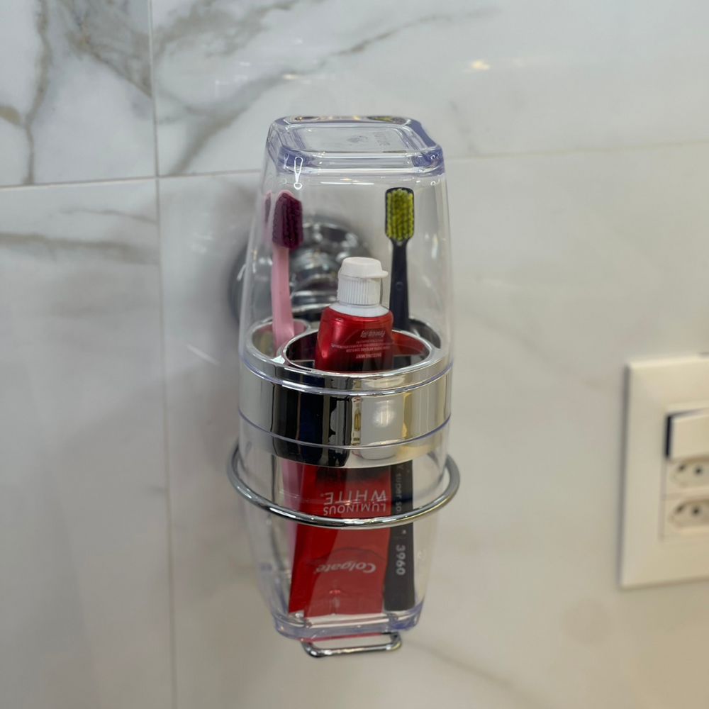 Suporte com Porta Escova e Creme Dental com Ventosa Cromado