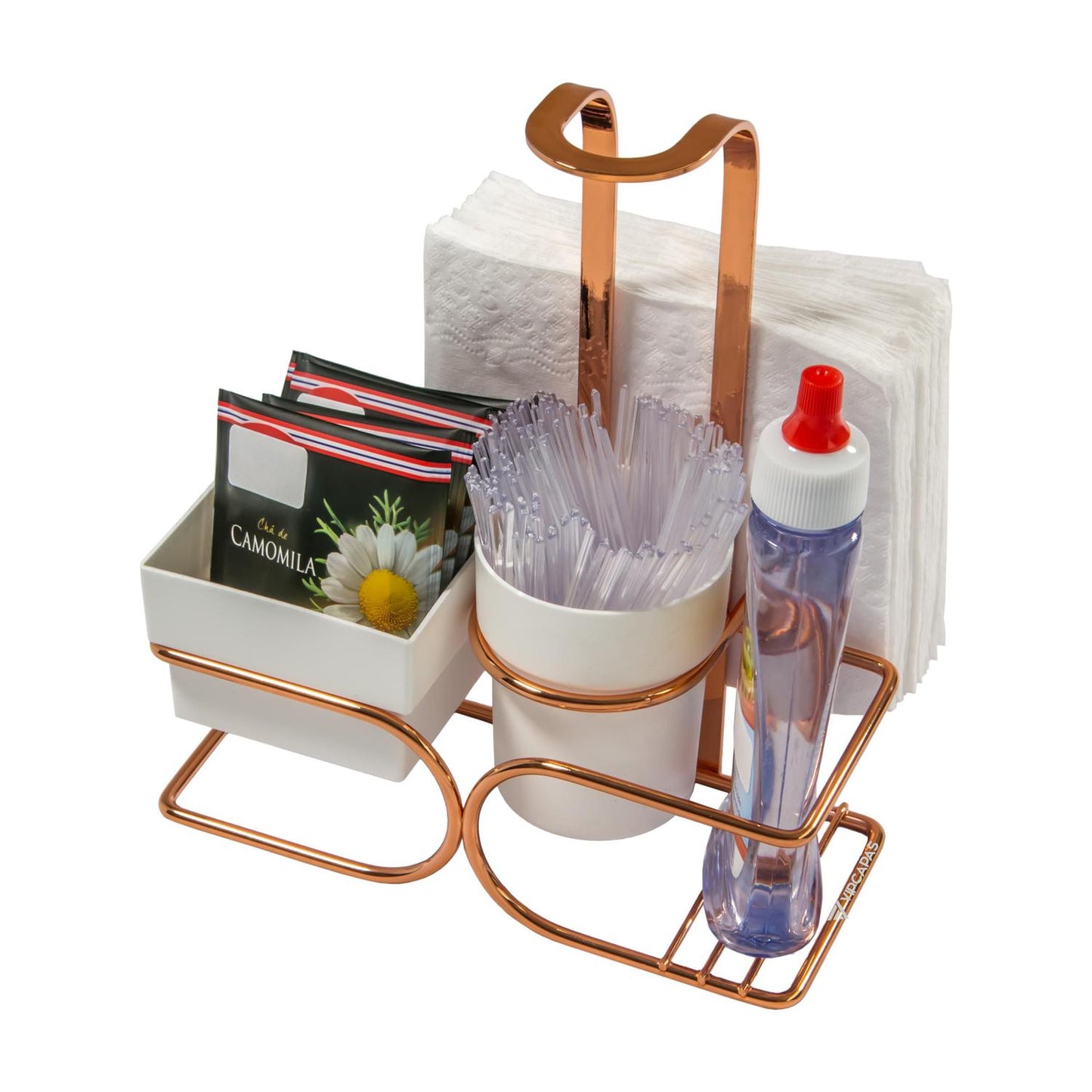 Conjunto para Chá Café Branco Rose Gold Porta Sachês Adoçante