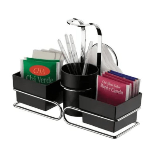 Conjunto para Chá Café Porta Sachês Açúcar Guardanapos Com Alça Preto
