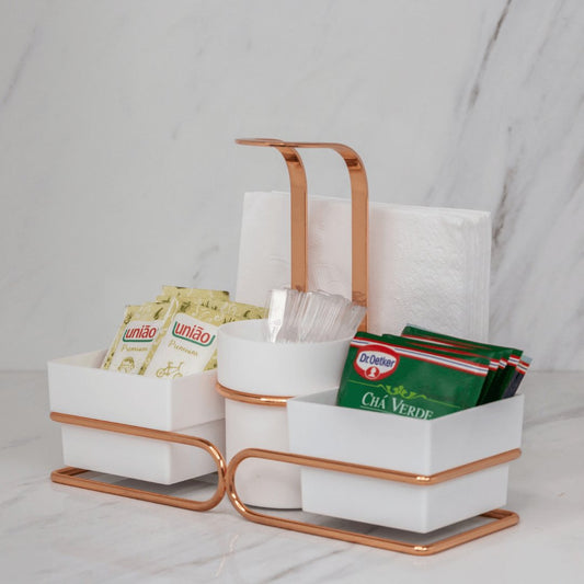 Conjunto para Chá e Café Porta Sachês Mexedor Branco e Rose Gold 3 em 1