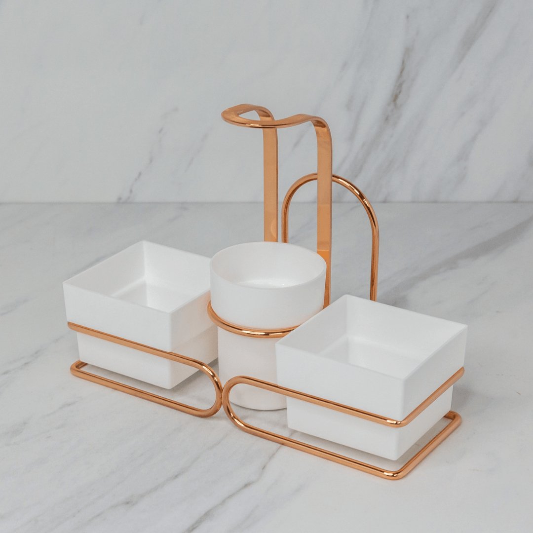 Conjunto para Chá e Café Porta Sachês Mexedor Branco e Rose Gold 3 em 1