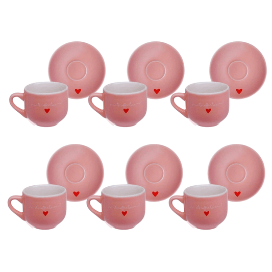 Jogo 6 Xícaras de Café com Pires em Porcelana L'amour Rosa 90ml