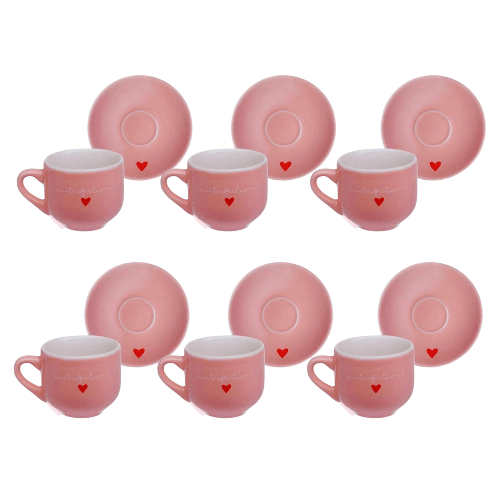 Jogo 6 Xícaras de Café com Pires em Porcelana L'amour Rosa 90ml