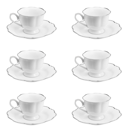 Jogo 6 Xícaras de Café Com Pires Porcelana Branco Com Fio Prateado - 80ml