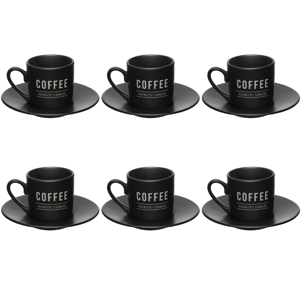 Jogo Xicara de Café com Pires Manhattan Preta 80ml 6 Peças